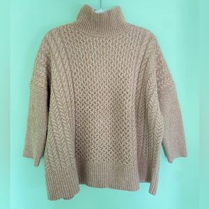 XS AYR Tan Merino Wool le Square Cable Turtleneck Sweater
